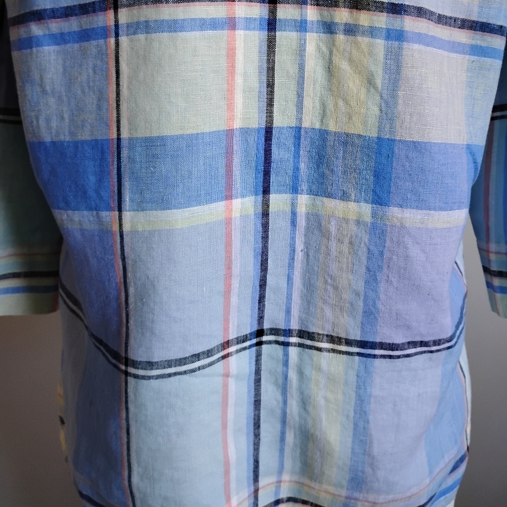 Liz Claiborne Linen Blue Plaid Button Up Shirt 3/4 Sleeves Coastal Size Medium - Picture 10 of 14